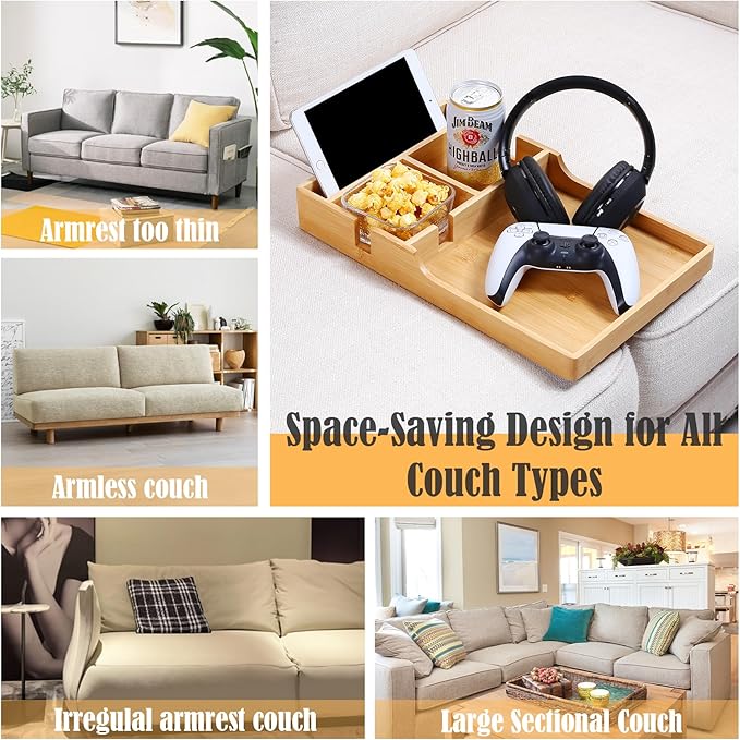Nnewvante Couch Tray, 2-in-1 Insert & Flat Sofa Organizer Bamboo with 2 Cup Holders,Fits Seat Gaps or Ottomans,for Snacks, Drinks, Remotes,15.35x9.84-inch