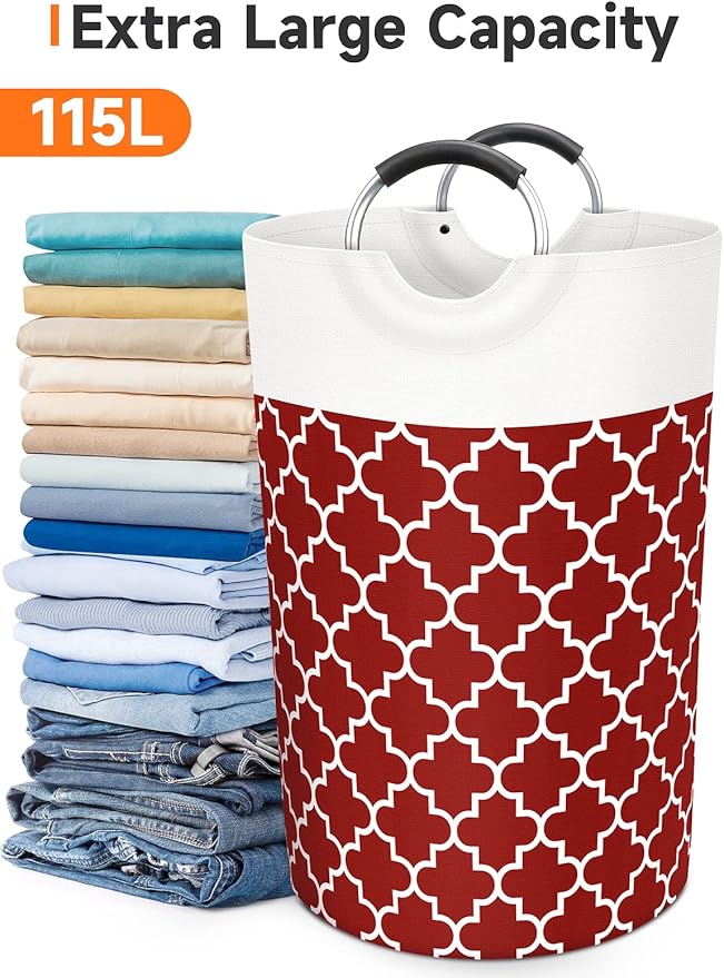 Fabspace Large Laundry Basket Laundry Hamper Bag Washing Bin Clothes Bag Collapsible Tall with Handles Waterproof Travel Bathroom College Essentials Storage for College Dorm, Family, 115L (Red)