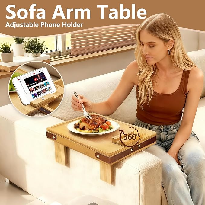 Couch Armrest Tray with Bamboo - Adjustable Sofa Arm Table with 360° Rotating Phone Holder and Hidden Storage Compartment for Snacks, Drinks, Remote, Fits Sofa Width of Armrest 5.5" - 9.8" (Natural)