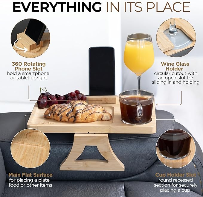 3-in-1 Bamboo Couch Tray with Silicone-Lined Wine Glass Holder, Cup Compartment, and Non-Slip Phone Stand