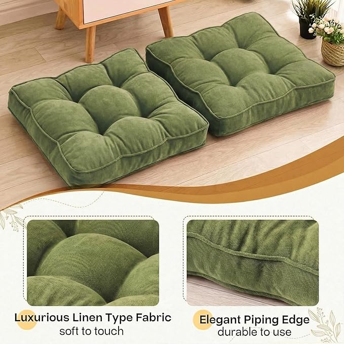 1 MIDDLE ONE Floor Pillow Set of 2, Memory Foam Floor Cushions for Adults, Large Meditation Pillow for Sitting, 22 x 22 Inches (Square | Green)