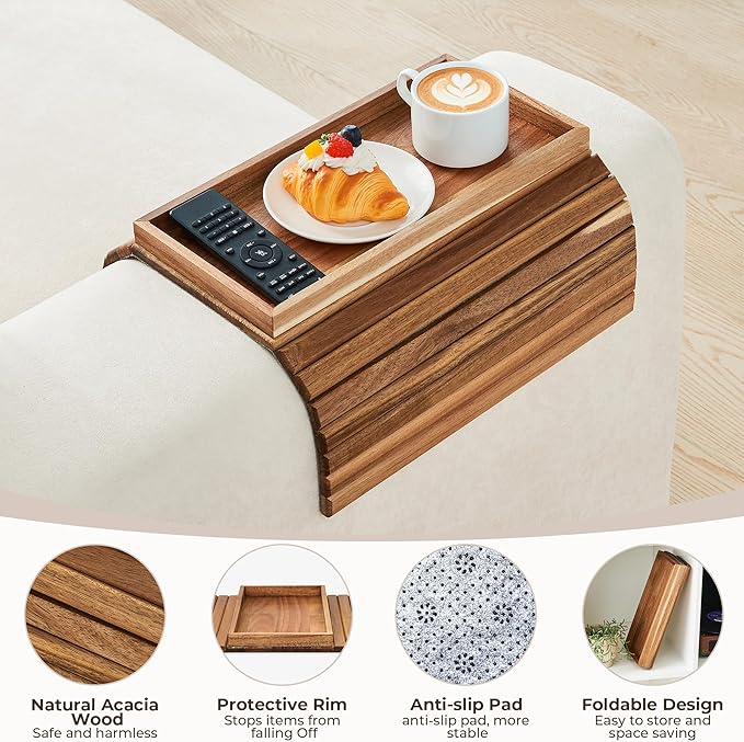LOVYANXUE Acacia Wood Sofa Arm Tray, Foldable Couch Armrest Table with Anti-Slip Pad, Couch Arm Tray & Cup Holder for Drinks, Coffee, Snacks, Phone, Remote Control