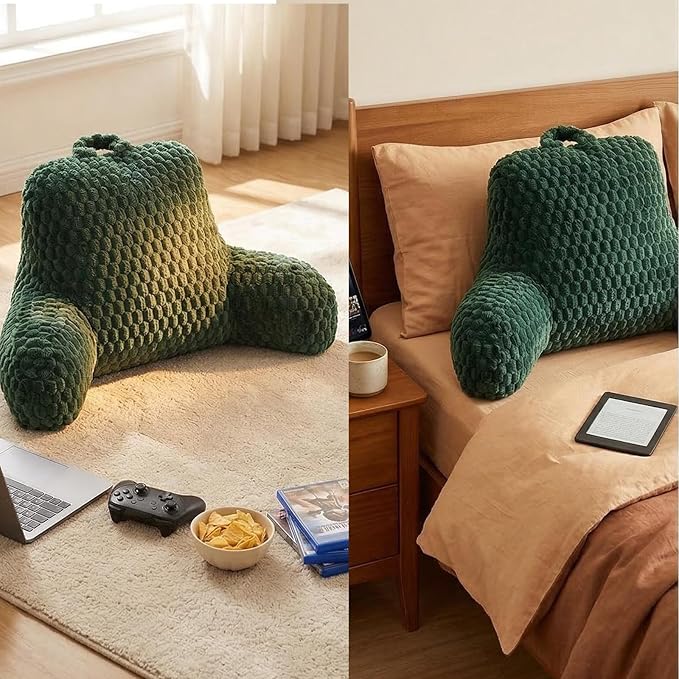Faux Fur Reading Pillow for Bed Adults, Ultra Soft Plush Floor Backrest Pillow with Side Pockets for Bed & Couch, Perfect for Reading, Watching TV, Gaming, Relaxing, Green