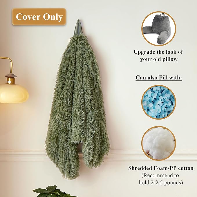 XeGe Faux Fur Reading Pillow Cover (No Filler), Fluffy Back Rest Pillow Case for Bed Sitting Up, Adults Kids Shaggy Sit Up Back Support Pillow Cover with Arms Couch Chair Home Decoration, Sage Green