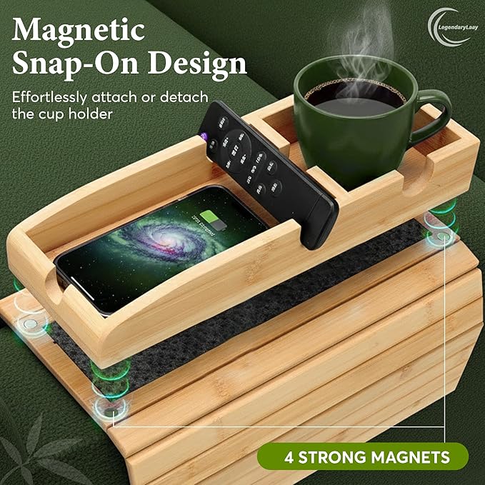 Couch Cup Holder & Bamboo Armrest Tray – Foldable Non-Slip Sofa Arm Table for Drinks, Snacks, Remote Control & Phone