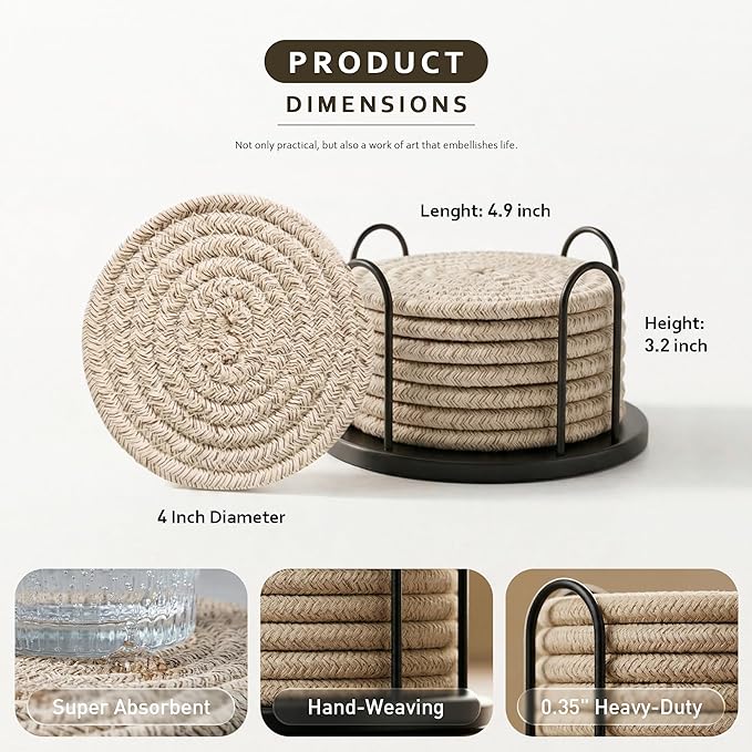 Lazebox Coasters Set of 8 for Drinks, Beer, Coffee, Cotton Woven Absorbent Coaster with Holder, Boho Coasters for Home Decor Tabletop Protection Suitable for Kinds of Cups, Brown