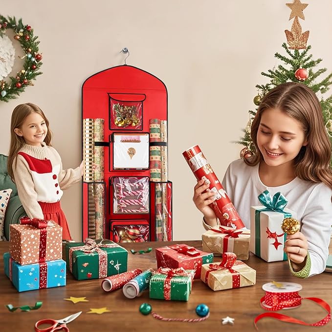 Woodoulogy Hanging Gift Wrapping Paper Storage, 40"X17" Red Double-Sided Christmas Wrapper Bag Container, Oxford Craft Roll Organizer, Present Wrap Holder for Bedroom Closet, Door, Cabinet