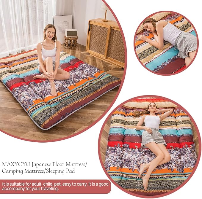 MAXYOYO Bohemian Retro Floor Mattress Vintage Floral Japanese Futon Mattress Roll Up Thicken Sleeping Mat Portable Camping Mattress Floor Lounger Couch Pad, Twin Size