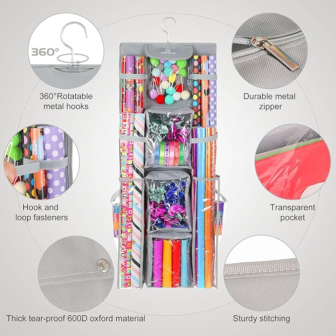 Freegrace Double-Sided Hanging Gift Wrap Organizer - Large 16 x 41 Inch Wrapping Paper Storage Bag - Tearproof 600D Oxford Closet Gift Bag & Ribbon Organization Storage Caddy, Gray