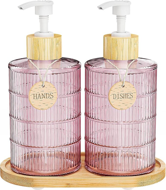 MASADI Soap Dispenser Set with Bamboo Tray, Dish and Hand Soap Lotion Dispenser Set with Wooden Pump for Kitchen and Bathroom Decor for Counter, Modern Vintage Liquid Soap Dispensers (Pink&Bamboo)