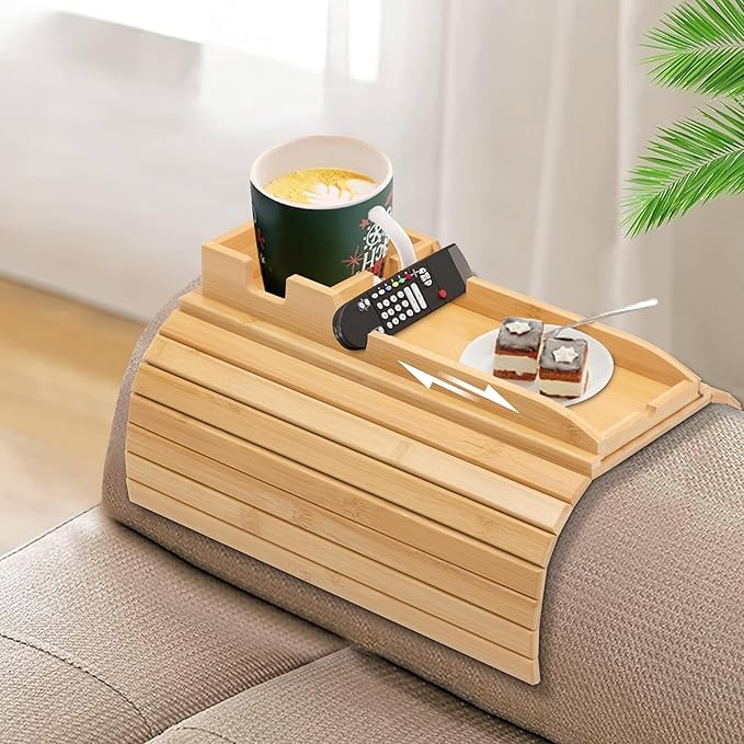 2 Pack Bamboo Couch Cup Holder, Foldable and Anti-Slip Sofa Arm Table with Detachable Sofa Arm Organizer Tray, Portable 2 in 1 Sofa Armrest Tray for Drink, Coffee, Cup, Remote, Snacks, Phone, Glasses