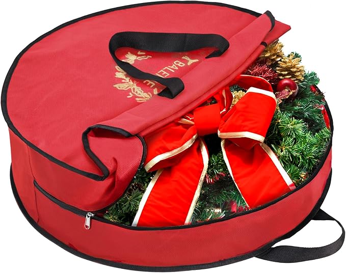 BALEINE 1 Pack Wreath Storage Container, Christmas Wreath Storage Bag with Reinforced Handle for Holiday Xmas (Red, 30"X8")