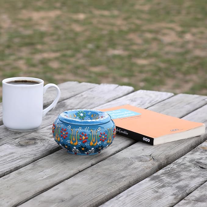 Decorative Ceramic Jar-Colorful Decorative Jar with Lid-Handmade Small Decorative Jar-Windproof Unique Jars-Turkish Home Decor (Light Blue)