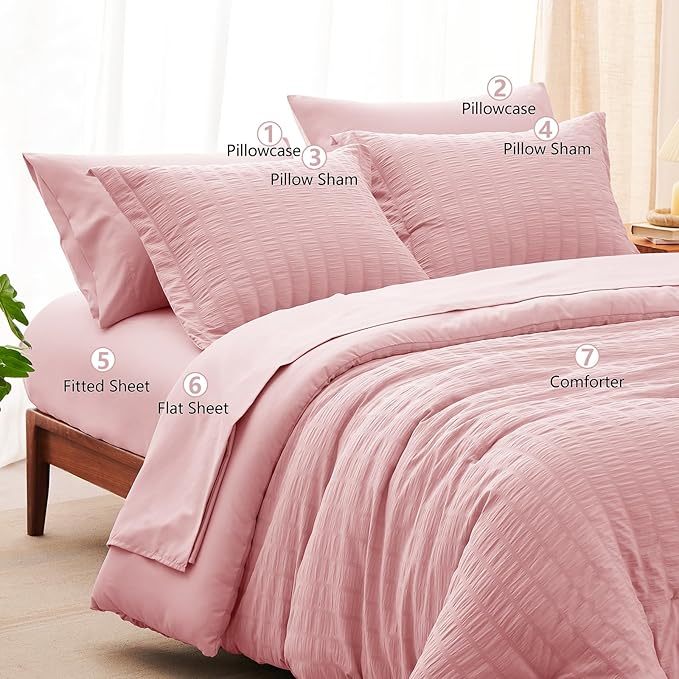 CozyLux Queen Comforter Set Pink Seersucker 7 Pieces Bed in a Bag Queen Comforter Set with Sheets, Luxury Soft Bedding Set with Down Alternative Comforter, Sheets, Pillowcases & Shams for All Seasons