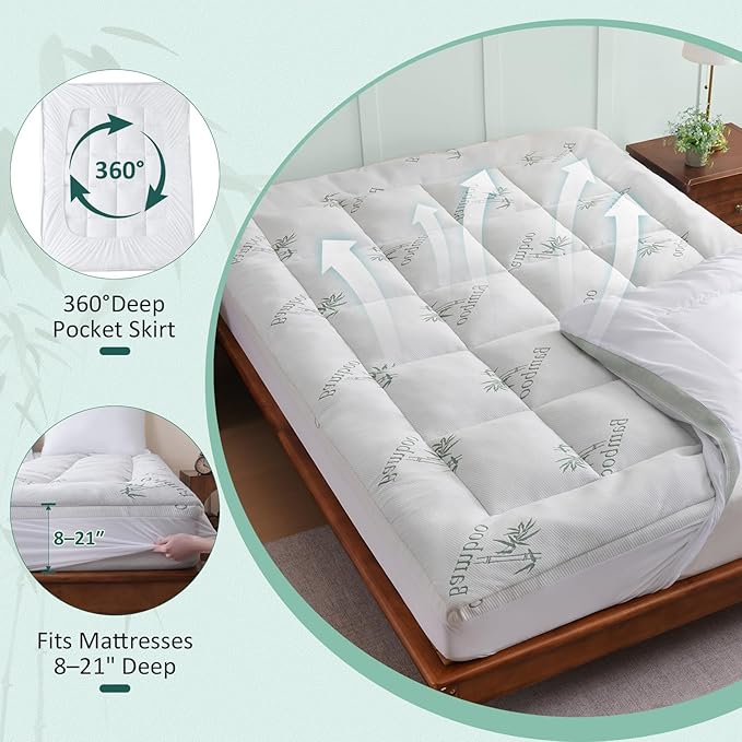DOWNCOOL Memory Foam Mattress Topper King, Cooling Pillow Top Mattress Pad with Viscose Derived from Bamboo, Back Pain Relief, Deep Pocket Fits 8–21 Inch