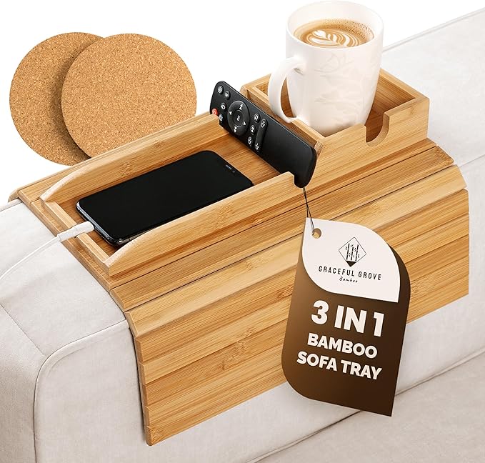 Bamboo Sofa Arm Tray Table with Cup Holder & 2 Cork Coasters, Phone Slot & Charging Cable Holder, Foldable Couch Arm Tray with Non Slip Base, Couch Cup Holder for Drinks, Remote, Snacks