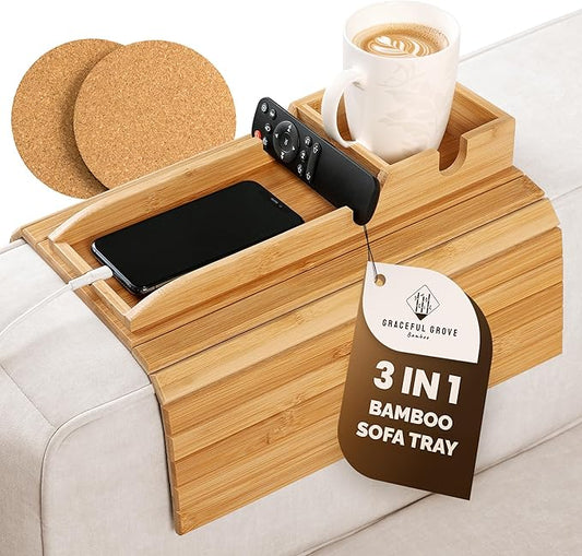 Bamboo Sofa Arm Tray Table with Cup Holder & 2 Cork Coasters, Phone Slot & Charging Cable Holder, Foldable Couch Arm Tray with Non Slip Base, Couch Cup Holder for Drinks, Remote, Snacks