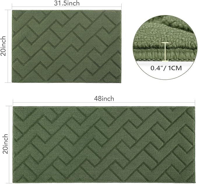 hicorfe Kitchen Rugs and Mats Sets,2 Pieces Super Absorbent Polypropylene Non-Slip Rug,Soft Comfort Floor Mat,Washable for Kitchen,Hallway,Office,Sink,Laundry(20" x 32"+20" x 59",Green)