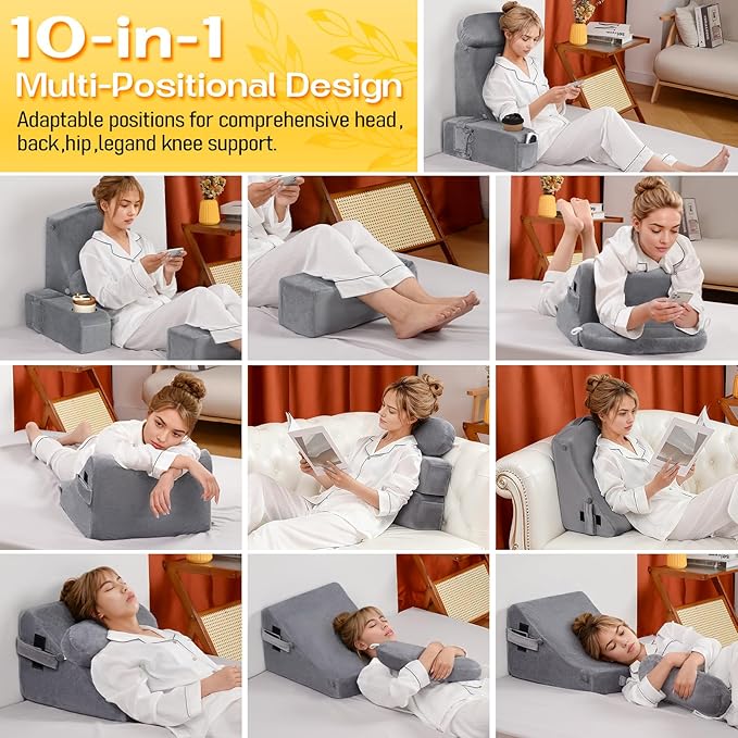 MOON PINE Reading Pillow for Adults, Memory Foam Backrest with Detachable Arms - Bed Pillow for Sitting Up, Built-in Cup Holder & Phone Pocket (Gray, 19 inch)