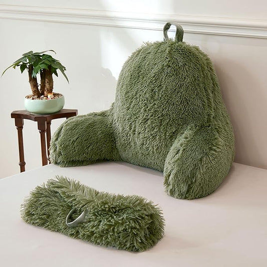 XeGe Faux Fur Reading Pillow Cover (No Filler), Fluffy Back Rest Pillow Case for Bed Sitting Up, Adults Kids Shaggy Sit Up Back Support Pillow Cover with Arms Couch Chair Home Decoration, Sage Green