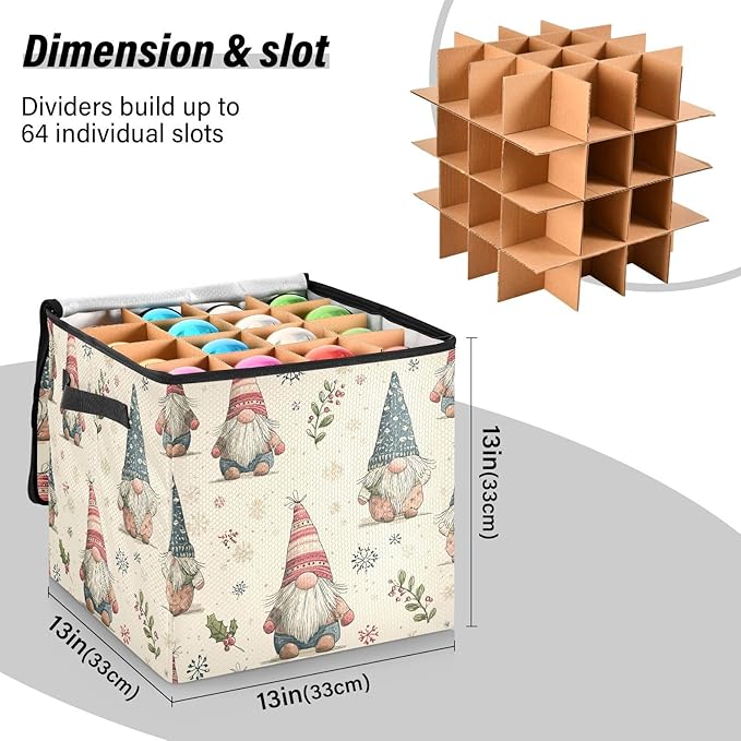 Christmas Gnomes Ornament Storage Basket Box Santa Claus Bells Winter Holiday Storage Container Cube with Adjustable Dividers for 64 Holiday Ornaments or Decorations Keep Clean and Dry for Next Season