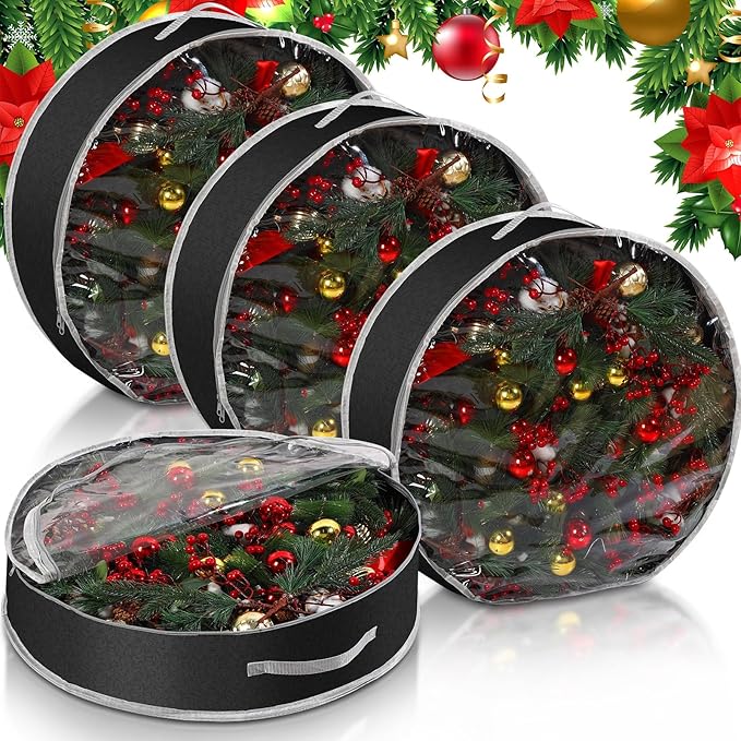 Aliceset 4 Pack Wreath Storage Containers, Ornament Garland Wreath Storage Bags with Handle Zipper Decorative Storages Box for Winter Valentine Wreaths(30 x 30 x 7.8 Inch,Black)