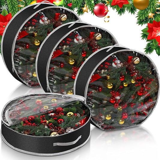 Aliceset 4 Pack Wreath Storage Containers, Ornament Garland Wreath Storage Bags with Handle Zipper Decorative Storages Box for Winter Valentine Wreaths(30 x 30 x 7.8 Inch,Black)
