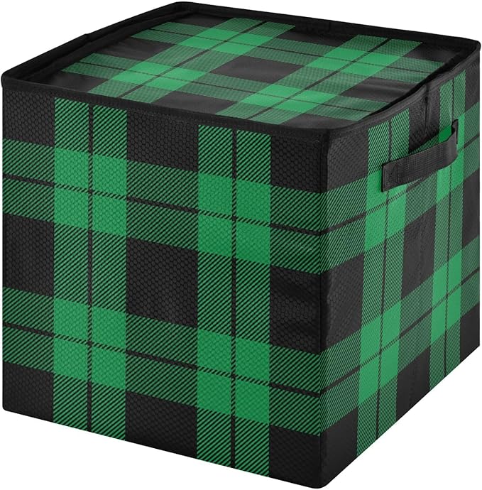 Green Black Christmas Ornament Storage Basket Box Buffalo Plaid Winter Holiday Storage Container Cube with Adjustable Dividers for 64 Holiday Ornaments or Decorations Keeps Clean and Dry