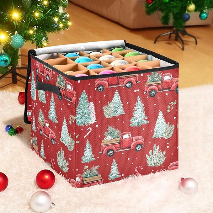 Red Snowman Christmas Ornament Storage Basket Box Xmas Tree Winter Holiday Storage Container Cube with Adjustable Dividers for 64 Holiday Ornaments or Decorations Keeps Clean and Dry for Next Season