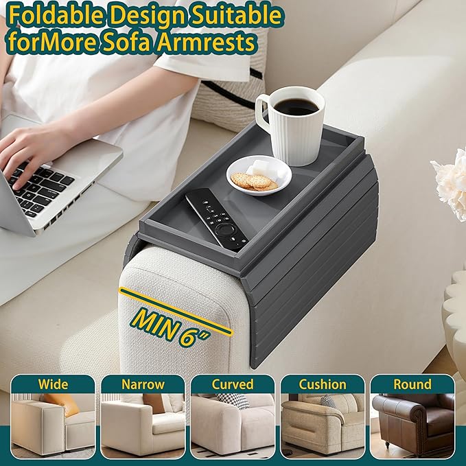 Bamboo Couch Arm Tray Table，Foldable Sofa Armrest Tray Table for Couch，Flexible and Anti-Slip Couch Arm Cup Holder，Portable Sofa Arm Chair Table for Drink,Cups, Eats，Snacks, Phone, Remote (Gray)