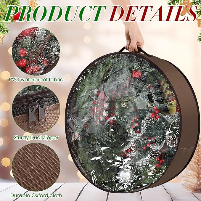 4 Pack Wreath Storage Container, 24 Inch Christmas Wreath Storage Box with Clear Window and Handles Upgrade Oxford Cloth Garland Bags with Dual Zipper for Xmas Wrapping, Brown