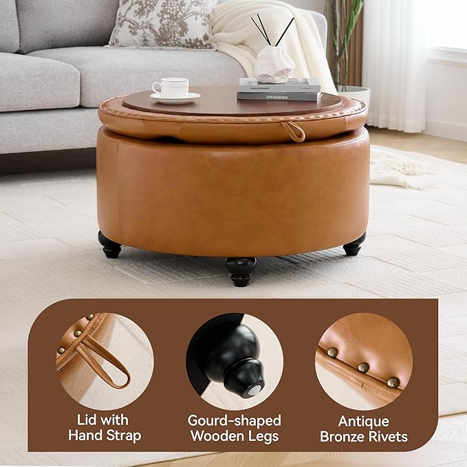 WUTUTUEE 30Inch Round Storage Ottoman with Tray, Modern Tufted Leather Circle Coffee Table with Storage, Upholstered Ottoman with Removable Top for Living Room, Bedroom, Leather Brown