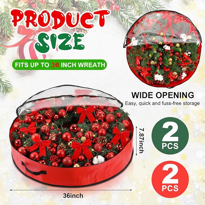 Aliceset 4 Pack Wreath Storage Containers, Ornament Garland Wreath Storage Bags with Handle Zipper Decorative Storages Box for Winter Valentine Wreaths(36 x 36 x 7.8 Inch,Red, Green)