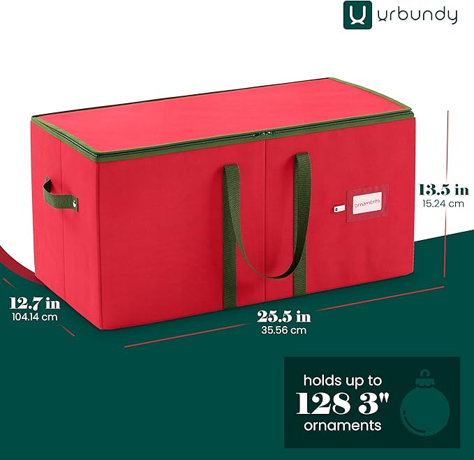 Christmas Ornament Storage Box - Red, Fits 128 Ornaments - Organizer With Dividers & Handles