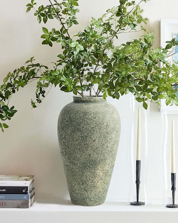 Green Ceramic Vase 11 Inch, Large Tall Decorative Vase for Centerpieces, Farmhouse Rustic Flower Vase for Home Decor, Living Room, Console, Wedding