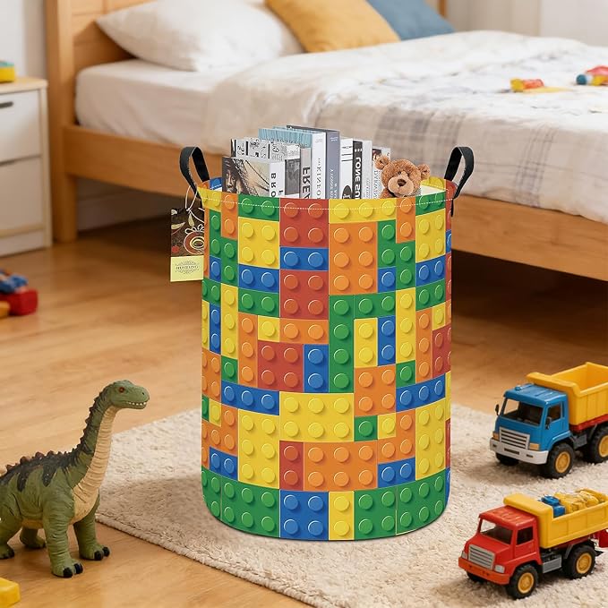 HUNRUNG Collapsible Fabric Storage Basket, Waterproof Laundry Hamper with Handles, Round Storage Bin for Clothes Toys, Foldable Organizer for Bedroom Nursery Bathroom(Round-Colorful Blocks)