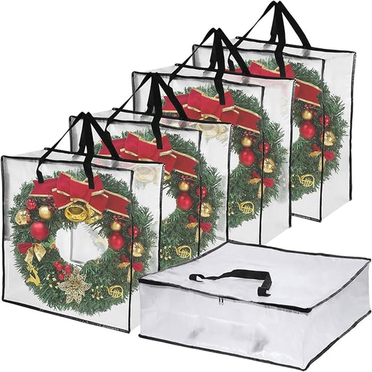 5 Pack Clear Christmas Wreath Storage Container, 26" Large Plastic Garland Container, Large Square Gift Bag Storage Organizer, Garland Decor Organizer， Clear Storage Bags for Xmas Seasonal Wreath
