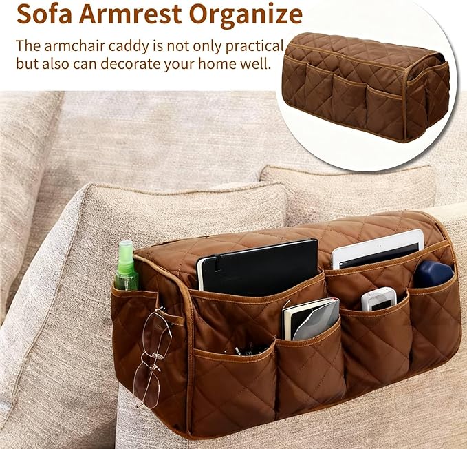 Armchair Caddy, Sofa Armrest Organize for Couch Remote Control Holder Recliner Armrest Organizer Sofa Arm Chair Caddie with Storage(Coffee)