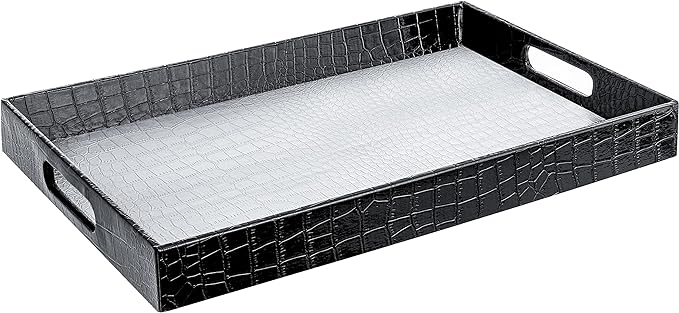 Home Redefined 17.5"x12" Silver & Black Glossy Crocodile Faux Leather Serving Tray Beautiful Modern Elegant Decorative Tray with Handles Ottoman Coffee Table Tv Remote Storage for All Occasion's