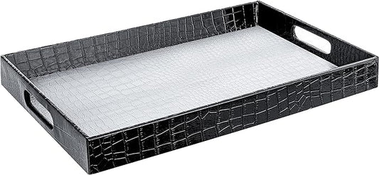 Home Redefined 17.5"x12" Silver & Black Glossy Crocodile Faux Leather Serving Tray Beautiful Modern Elegant Decorative Tray with Handles Ottoman Coffee Table Tv Remote Storage for All Occasion's