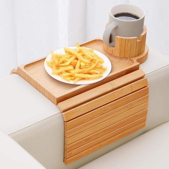 SINWANT Couch Cup Holder Tray,Large Bamboo Couch Armrest Table with Cup Holder,Foldable Anti-Slip Sofa Arm Tray for Coffee Cup,Water Bottles,Mug,Snacks,Remote