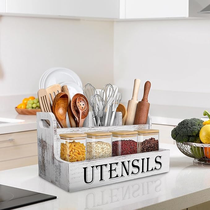 Suli Extra Large Kitchen Utensils Holder with 4 Compartments, White Wooden Utensil Organizer for Kitchen Countertop, Farmhouse Utensil Storage, Rustic Cooking Utensils - White Grain