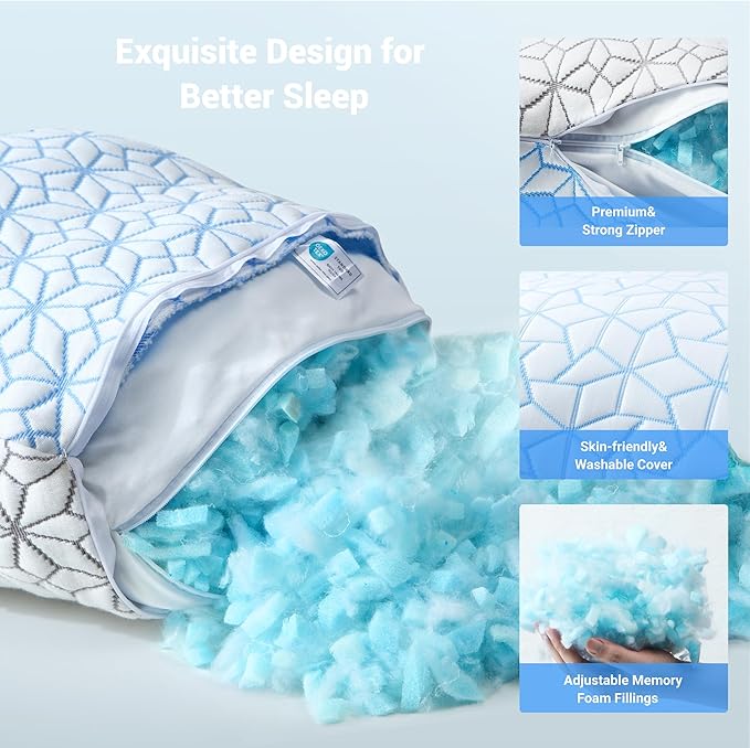 puredown® Standard Pillows Set of 2, Cooling Pillow Full Size 2 Pack, Adjustable Shredded Memory Foam Pillows for Side Back Stomach Hot Sleepers, Ice Blue