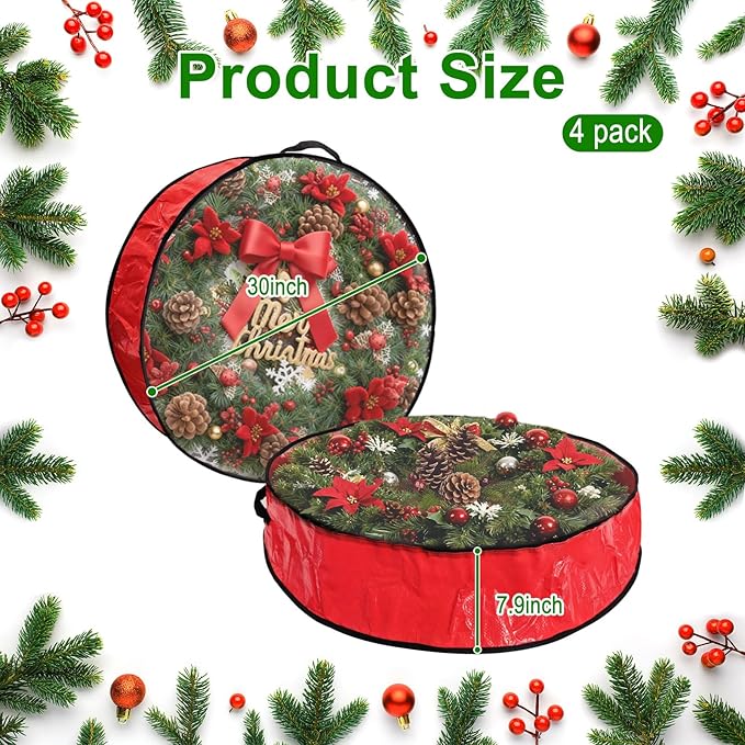 4 Pack 30x8Inch Christmas Wreath Storage Container, Large Clear Holiday Garland Storage Bags with Handle (Red)