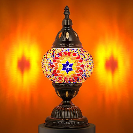 Marrakech Tiffany Lamp Turkish Table Lamps with Vintage Style, Handmade Moroccan Mosaic Lamp with Bronze Base Including LED Bulb for Living Room Bedroom Decor (Orange)