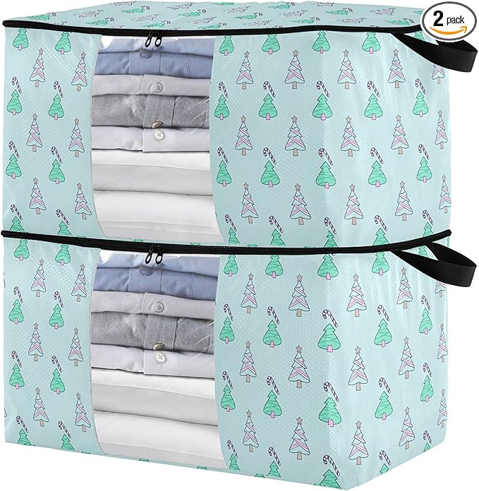 Burbuja 2 Pack Storage Bag Organizer with Handles for Clothes, Blankets, Bedding, Christmas Tree Foldable Storage Bag with Zipper & Clear Window, 95L