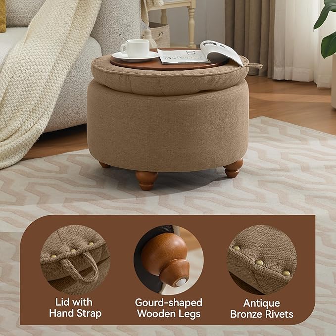 WUTUTUEE 24Inch Round Storage Ottoman with Tray, Modern Tufted Fabric Circle Coffee Table with Storage, Upholstered Ottoman with Removable Top for Living Room, Bedroom, Brown