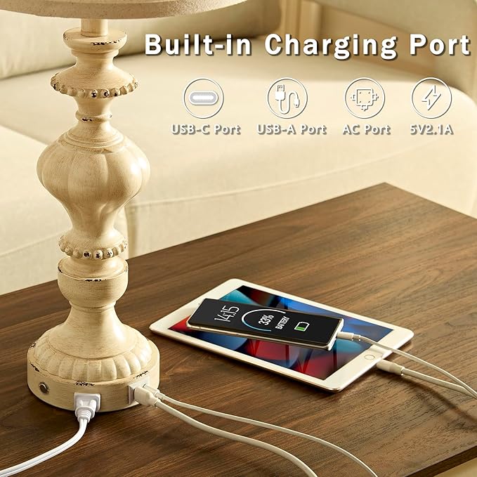 SAIWEYA 27.5" Farmhouse Table Lamps Set of 2 Bedside Nightstand Lamp with USB C+A Ports & AC Outlet, 3 Way Dimmable Touch Lamps for Bedroom Living Room Office Hallway Rustic Traditional Lamp