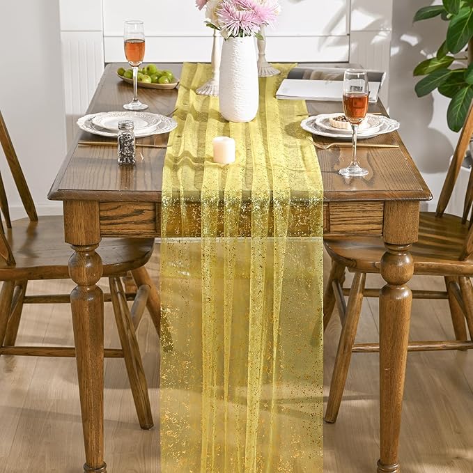 Artoid Mode 10PCS Light Yellow Gold Gauze Table Runner 120 Inch 10FT, Glitter Metallic Foil Sheer Dining Wedding Anniversary Holiday Birthday Table Decor for Home Party