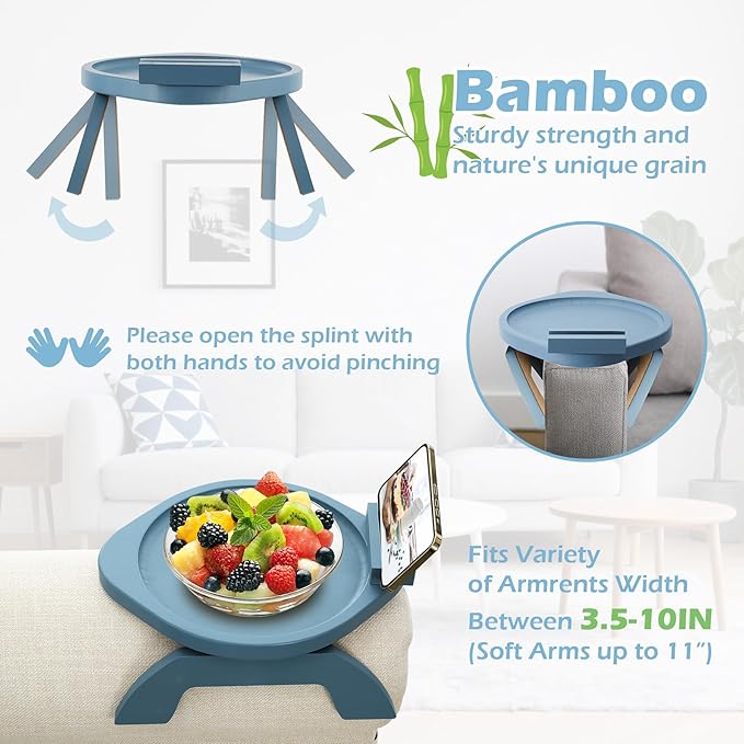 SINWANT Couch Armrest Table, Bamboo Clip On Couch Arm Table with 360°Phone Holder,Foldable Sofa Arm Tray for Eating and Drinking, TV Tray